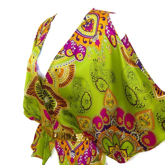 SOLD Evolve Kimono Top Sequin Waist Lime Pink  Butterfly Lotus New Age USA - Picture 2 of 10